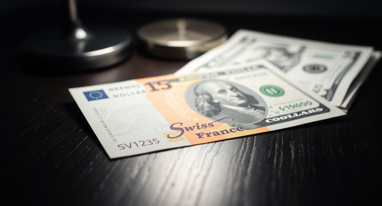 Swiss Franc and US Dollar banknotes on a desk, representing currency exchange rate movements.