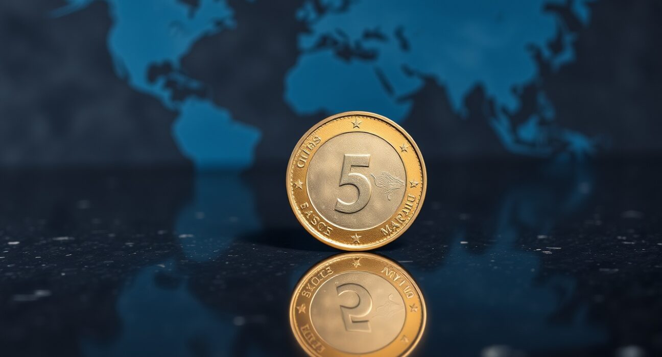 Swiss Franc coin on dark surface with blurred APAC map background, representing currency analysis.
