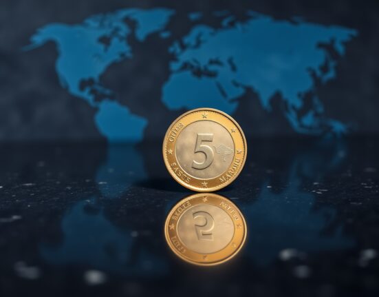 Swiss Franc coin on dark surface with blurred APAC map background, representing currency analysis.