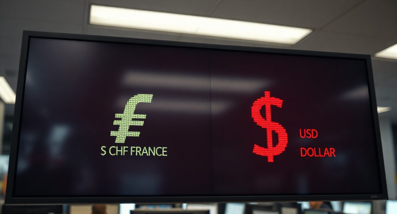 Digital trading screen showing Swiss Franc and US Dollar exchange rates with fluctuating numbers in a financial newsroom.