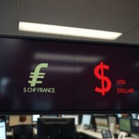Digital trading screen showing Swiss Franc and US Dollar exchange rates with fluctuating numbers in a financial newsroom.
