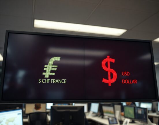 Digital trading screen showing Swiss Franc and US Dollar exchange rates with fluctuating numbers in a financial newsroom.