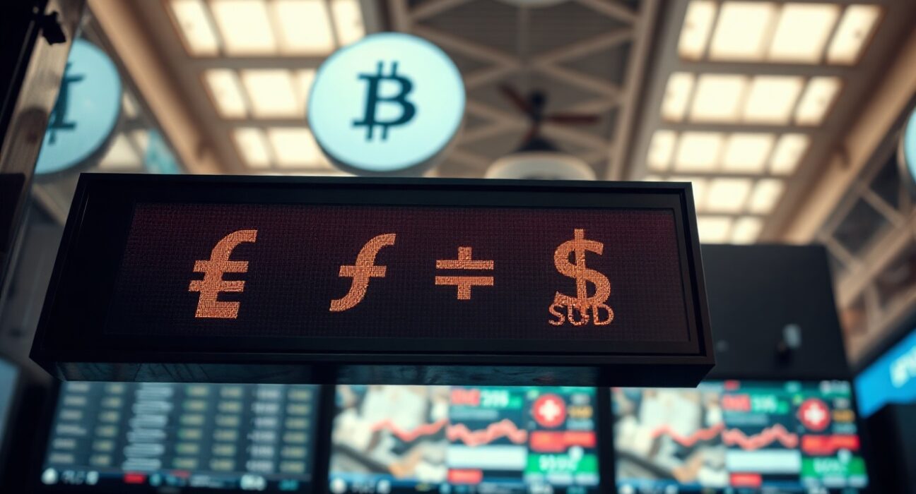 Digital currency board showing Swiss franc and US dollar exchange rates in a financial district.