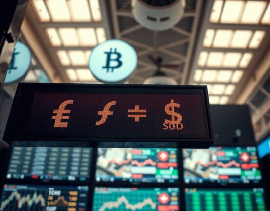 Digital currency board showing Swiss franc and US dollar exchange rates in a financial district.