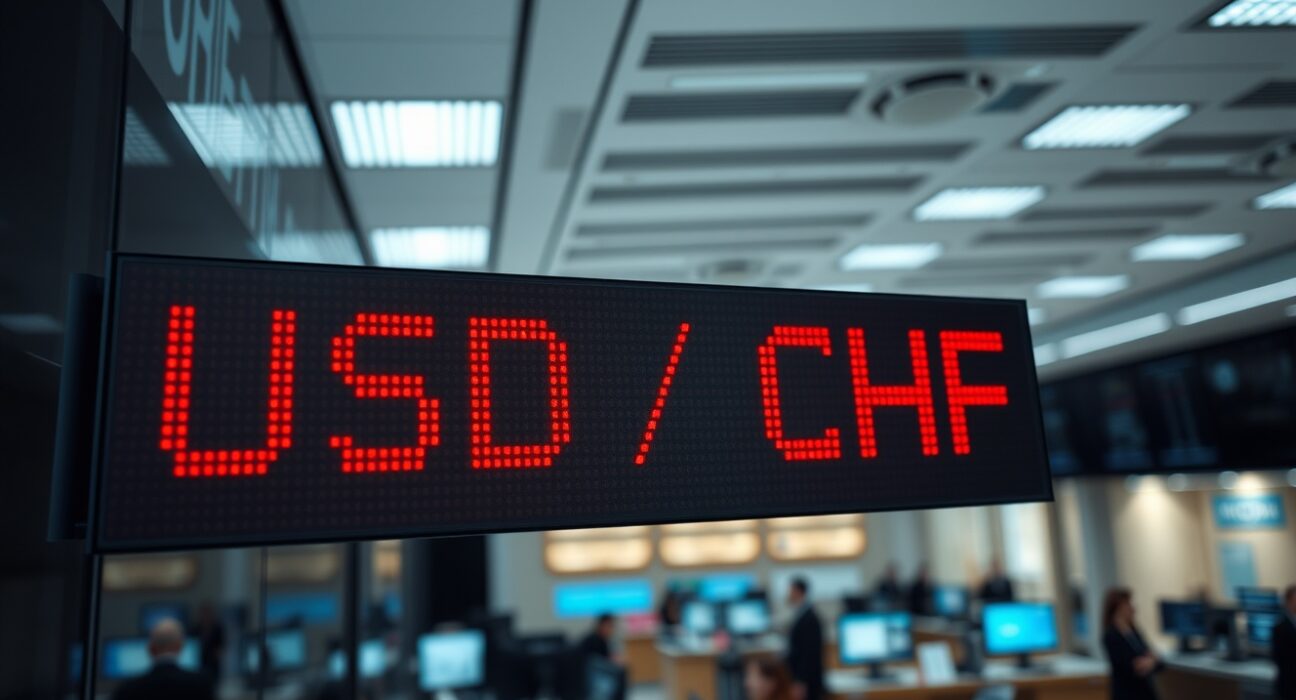 Digital currency exchange board showing USD/CHF rate amid geopolitical tensions