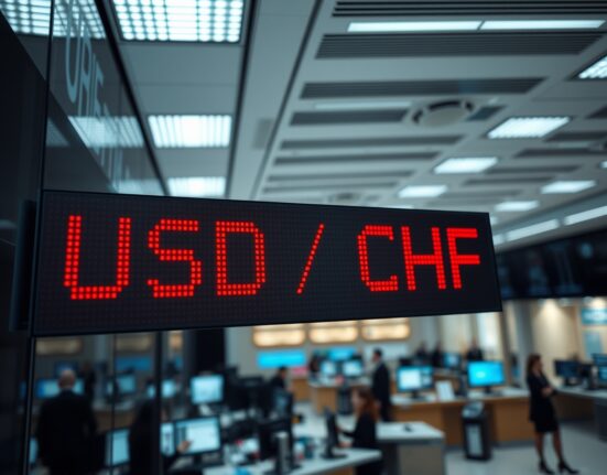 Digital currency exchange board showing USD/CHF rate amid geopolitical tensions