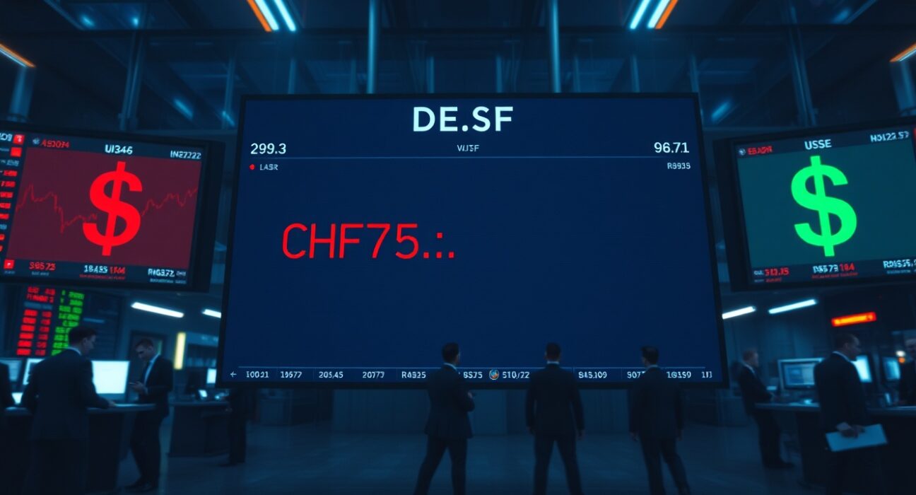 Trading board showing Swiss Franc and US Dollar exchange rates amid market volatility