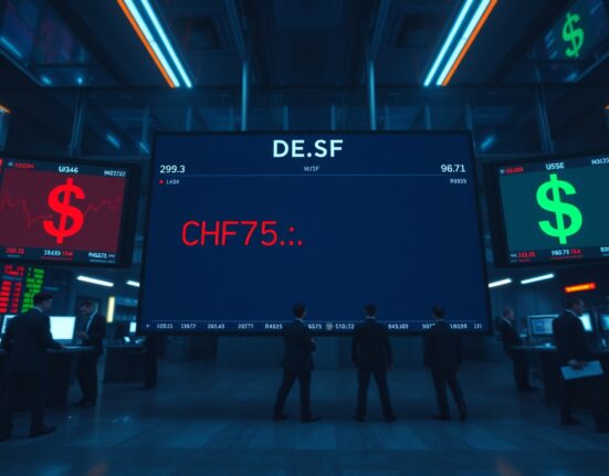 Trading board showing Swiss Franc and US Dollar exchange rates amid market volatility