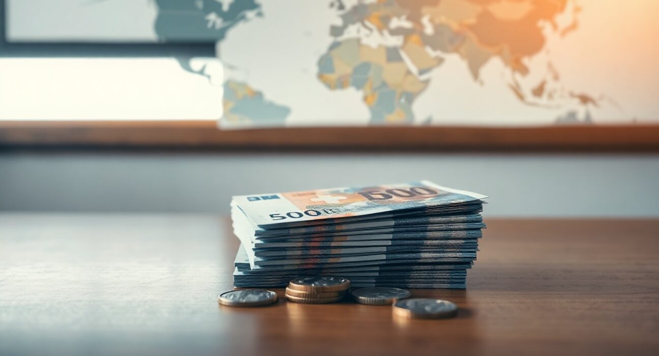 Swiss franc banknotes and coins on a table, symbolizing safe-haven currency strength amid geopolitical news.