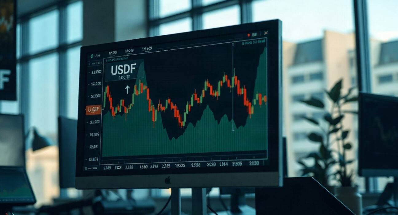 Trading desk with USD/CHF chart on monitor in financial office
