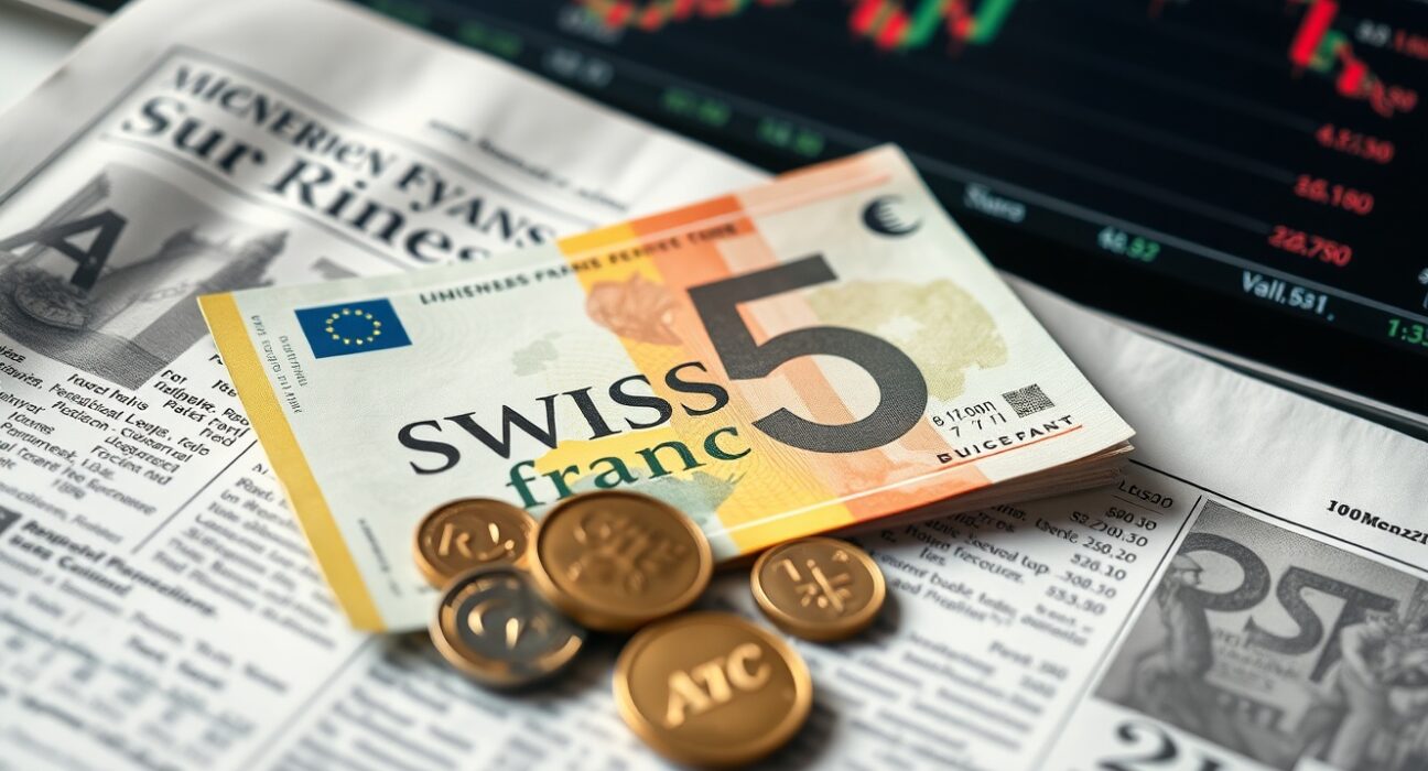Swiss Franc banknotes and coins on a financial newspaper with stock chart background.