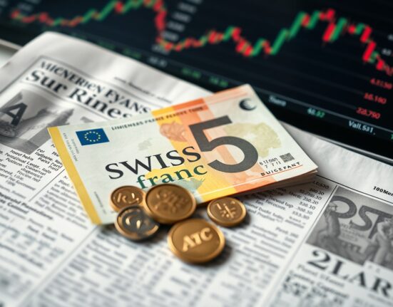 Swiss Franc banknotes and coins on a financial newspaper with stock chart background.