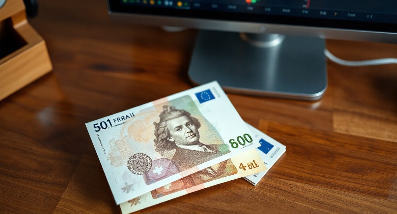 Swiss franc and euro banknotes on a desk with a forex chart showing a decline.