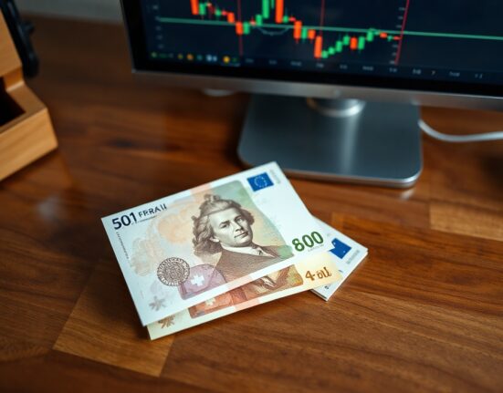 Swiss franc and euro banknotes on a desk with a forex chart showing a decline.