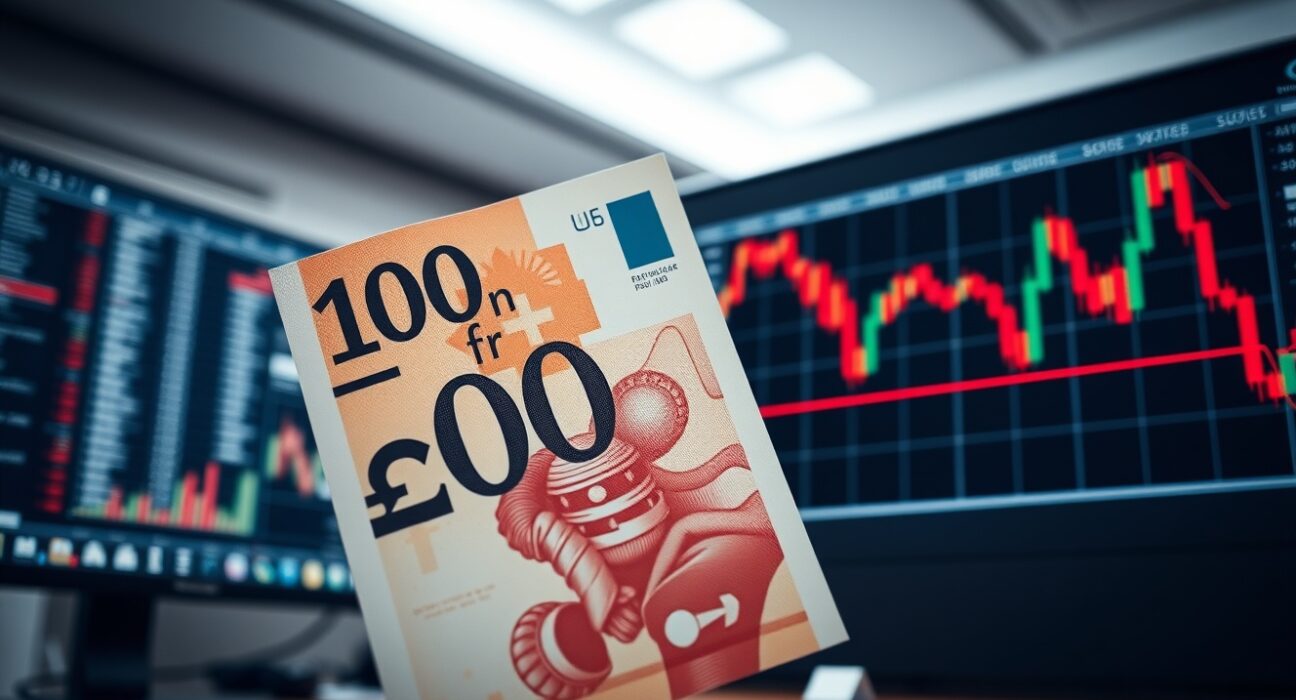 Swiss franc banknote and declining forex chart on trading screen