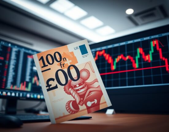 Swiss franc banknote and declining forex chart on trading screen