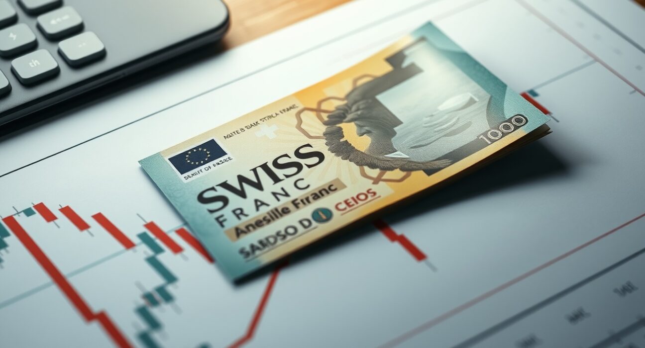 Swiss Franc banknote on a forex chart with triangle resistance line