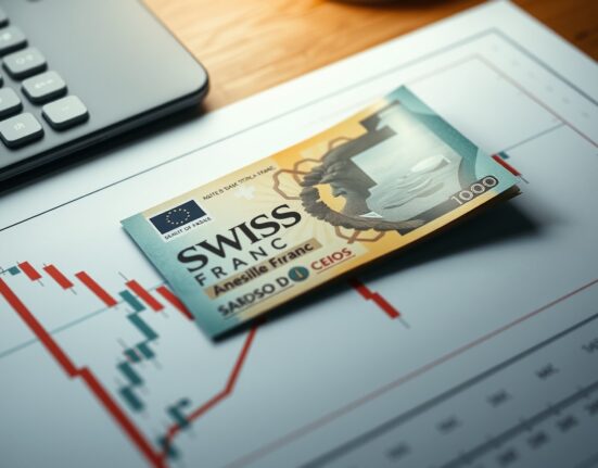 Swiss Franc banknote on a forex chart with triangle resistance line