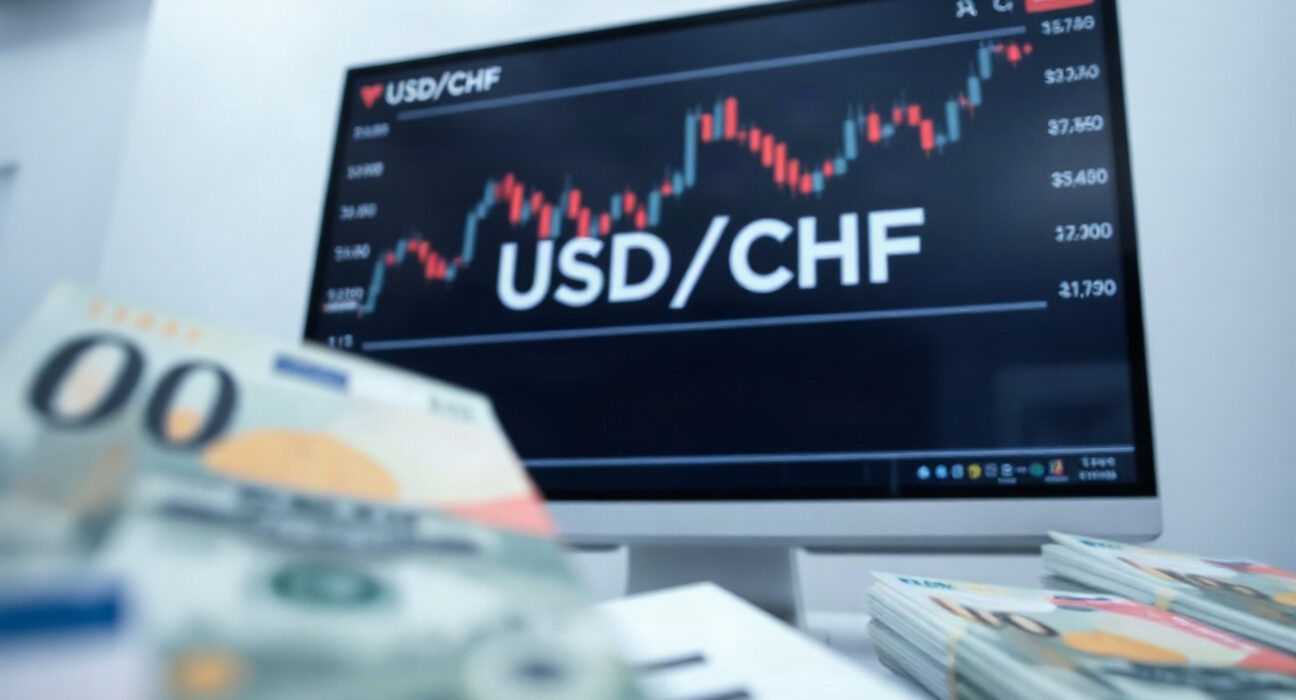 USD/CHF exchange rate chart on a trading screen with banknotes in foreground