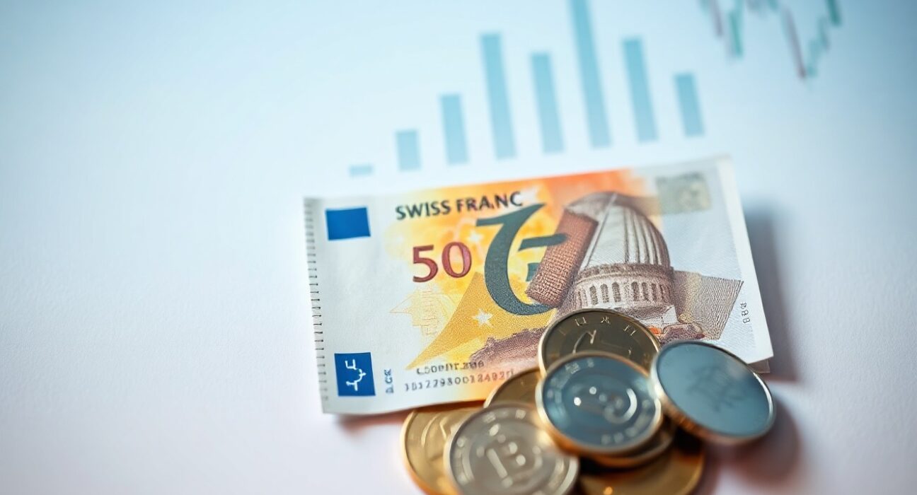 Swiss franc banknotes and coins with a financial chart in the background