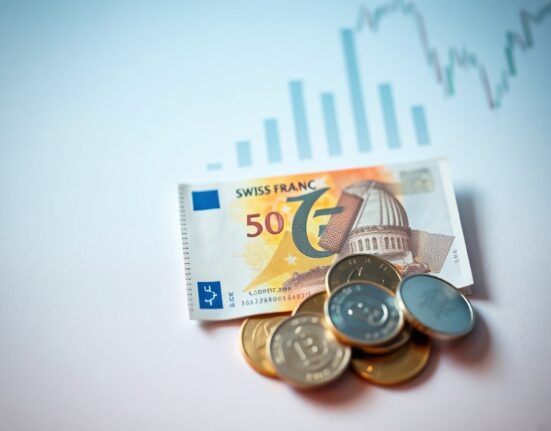 Swiss franc banknotes and coins with a financial chart in the background