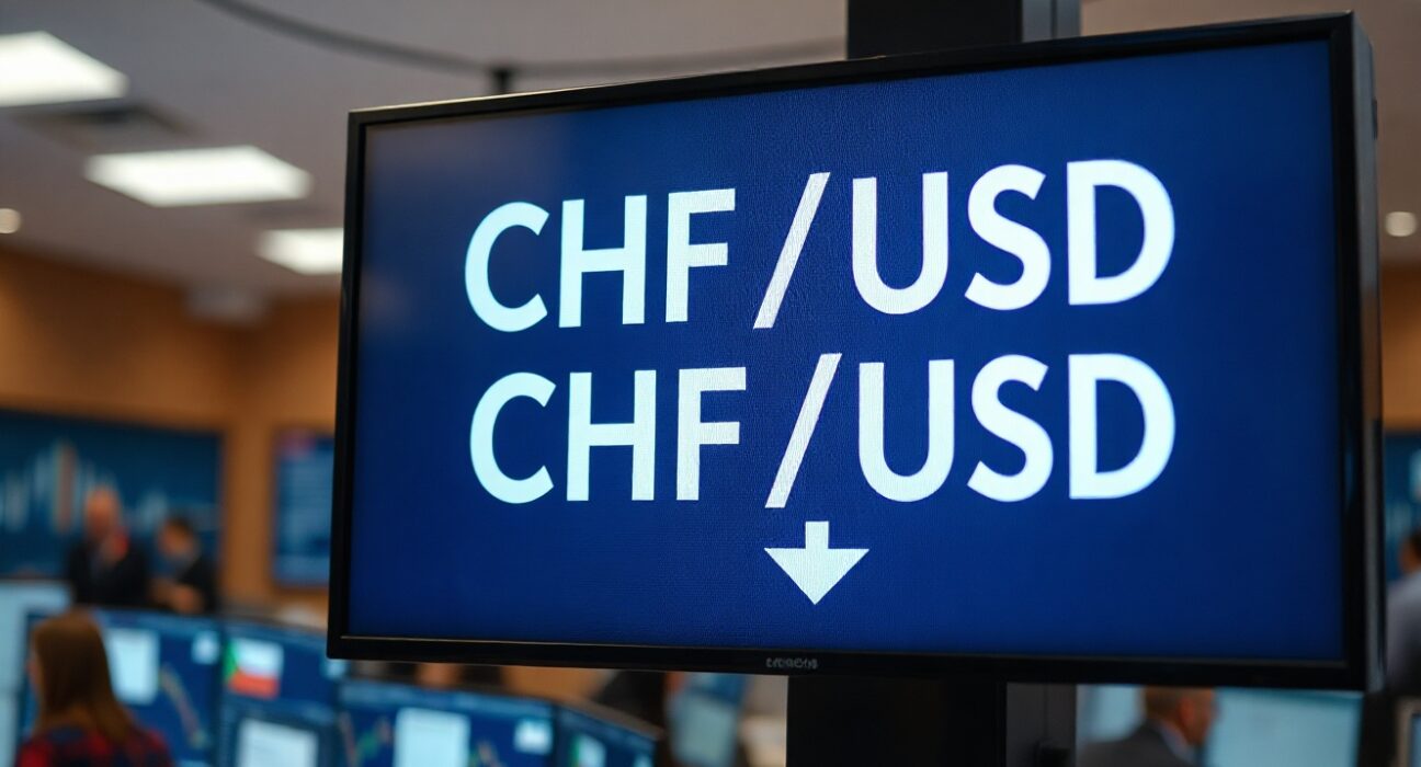 Digital trading screen showing CHF/USD exchange rate with downward trend, representing Swiss Franc weakness