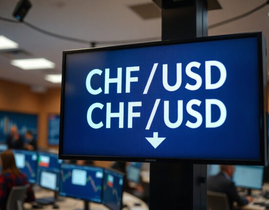 Digital trading screen showing CHF/USD exchange rate with downward trend, representing Swiss Franc weakness