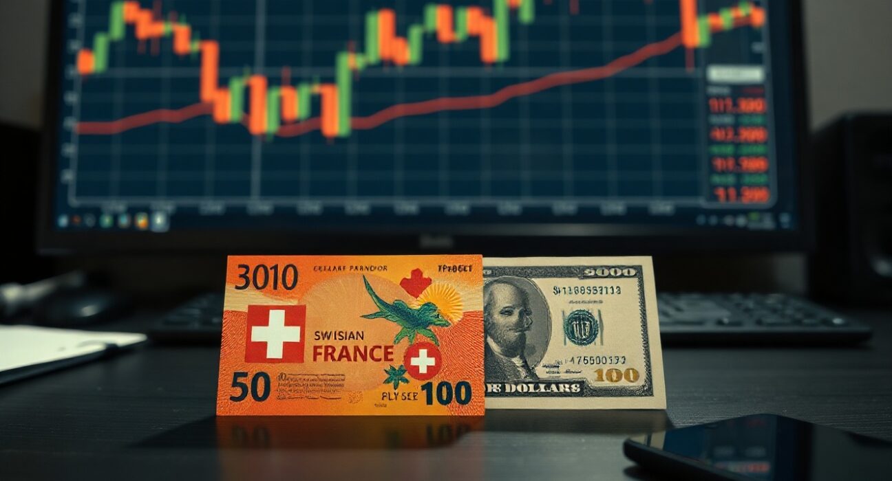 Swiss Franc and US Dollar banknotes on a desk with a financial chart in the background.