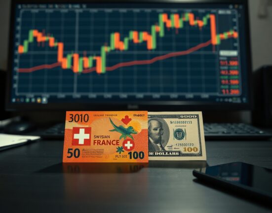 Swiss Franc and US Dollar banknotes on a desk with a financial chart in the background.