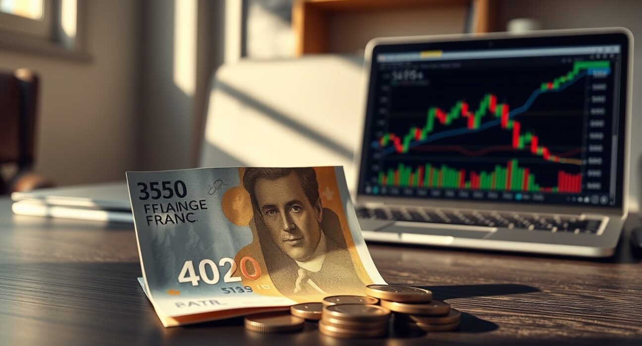 Swiss Franc banknotes and coins on a desk with a laptop showing currency charts