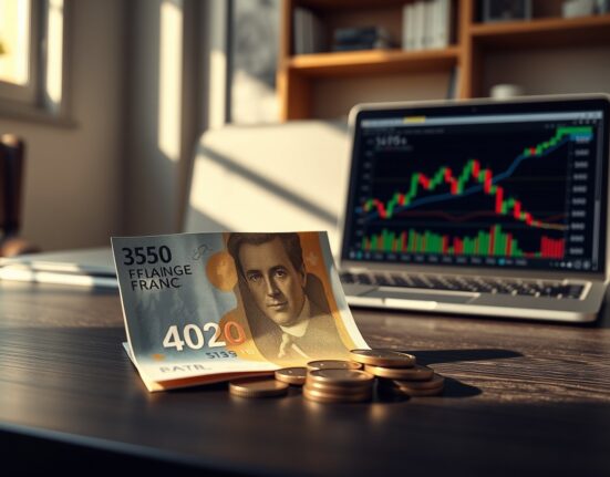 Swiss Franc banknotes and coins on a desk with a laptop showing currency charts