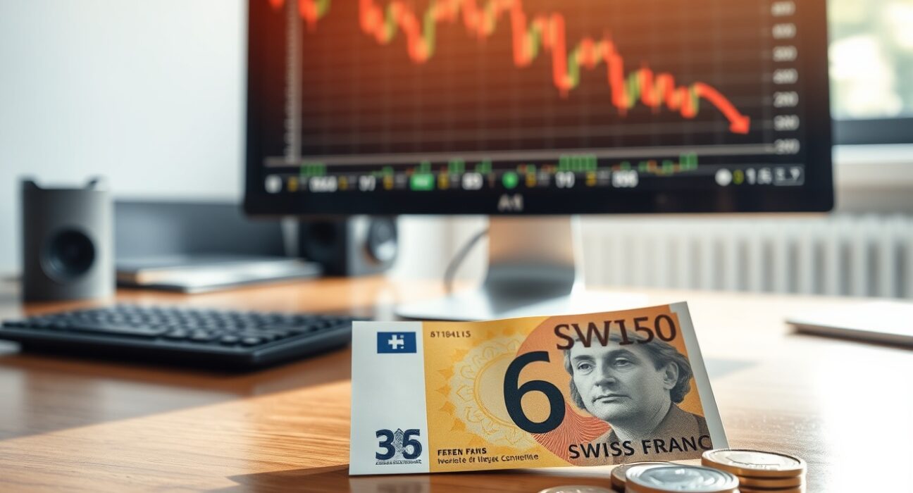 Swiss franc banknotes and coins on a desk with a forex chart on a monitor in the background