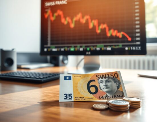 Swiss franc banknotes and coins on a desk with a forex chart on a monitor in the background