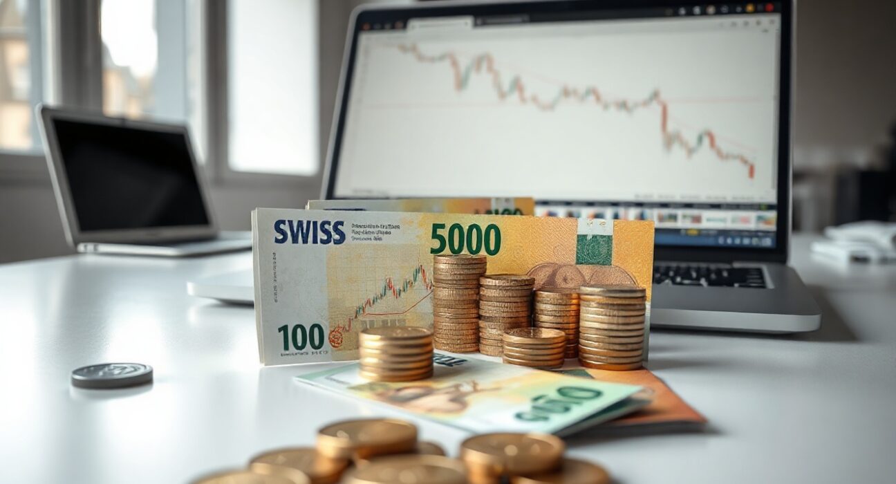 Swiss franc banknotes and coins with a laptop showing a downward forex chart