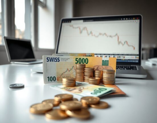 Swiss franc banknotes and coins with a laptop showing a downward forex chart