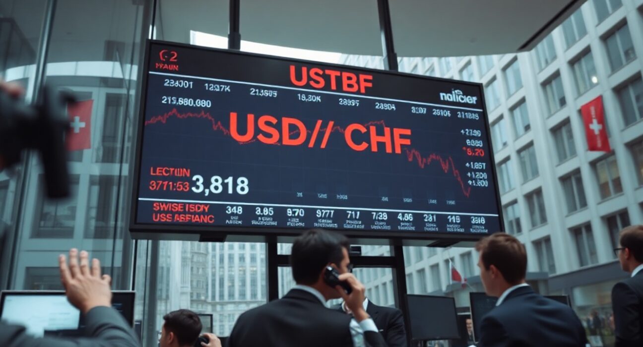 Electronic currency board showing USD/CHF pair declining after strong US economic data