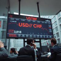 Electronic currency board showing USD/CHF pair declining after strong US economic data