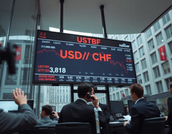 Electronic currency board showing USD/CHF pair declining after strong US economic data