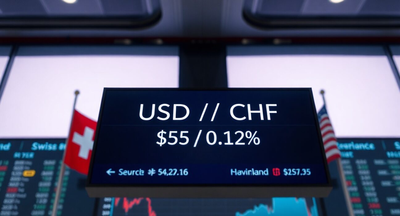 USD/CHF exchange rate chart on a trading screen with Swiss and US flags in background