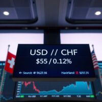 USD/CHF exchange rate chart on a trading screen with Swiss and US flags in background