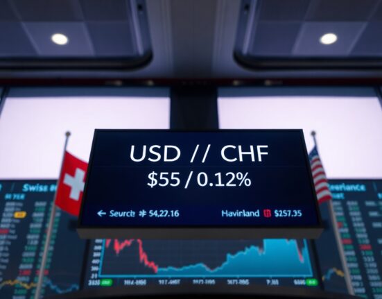 USD/CHF exchange rate chart on a trading screen with Swiss and US flags in background