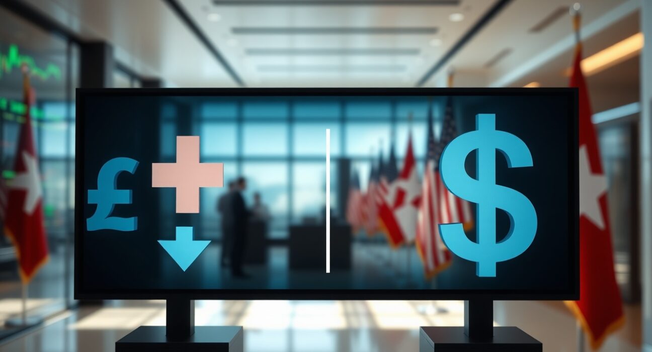 Digital trading board showing Swiss franc and US dollar with arrows indicating market movement amid geopolitical tensions.
