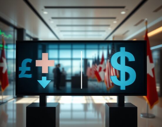 Digital trading board showing Swiss franc and US dollar with arrows indicating market movement amid geopolitical tensions.