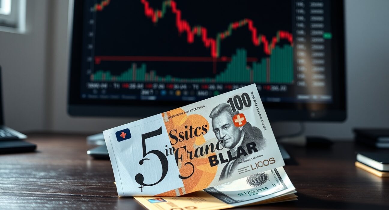 Swiss Franc and US Dollar banknotes on a desk with a financial chart on a monitor in the background.