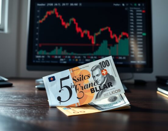 Swiss Franc and US Dollar banknotes on a desk with a financial chart on a monitor in the background.
