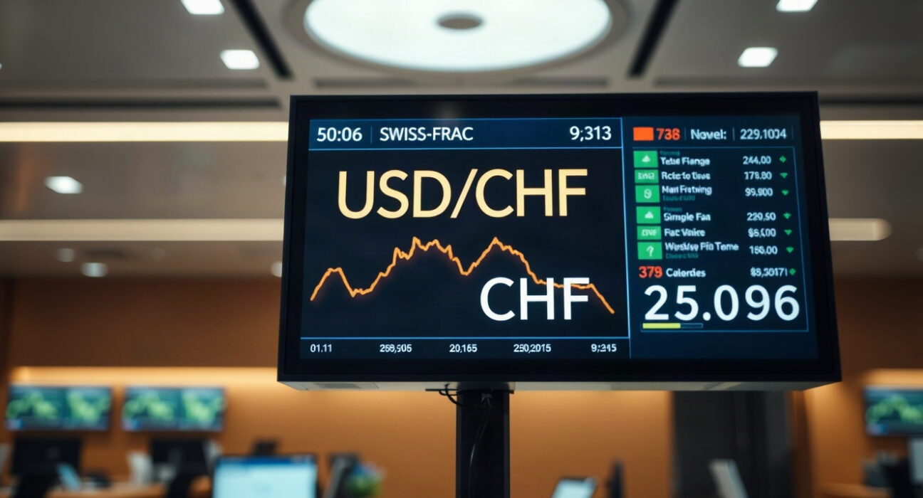 Currency exchange board showing USD/CHF rate with Swiss Franc weakening against US Dollar