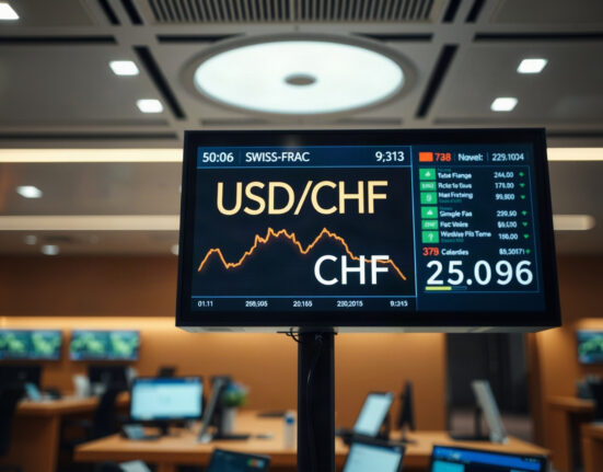 Currency exchange board showing USD/CHF rate with Swiss Franc weakening against US Dollar