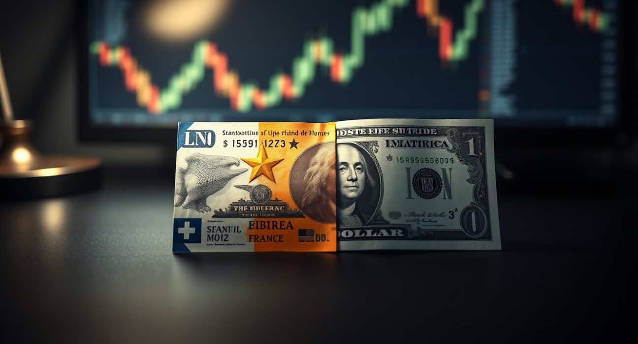Swiss Franc and US Dollar banknotes on a trading desk representing currency market movements.