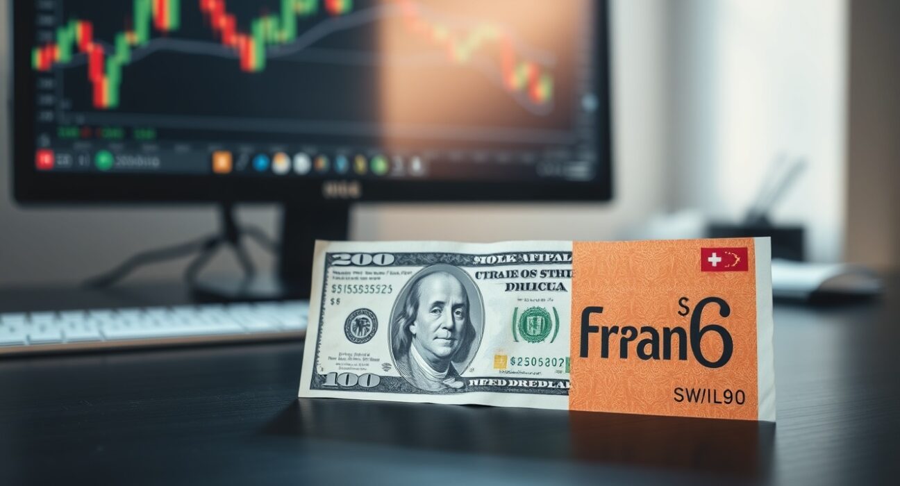 US dollar and Swiss franc banknotes on a desk with a forex chart in the background.