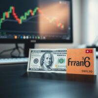 US dollar and Swiss franc banknotes on a desk with a forex chart in the background.